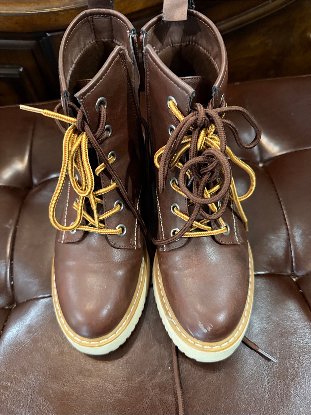 Madden Girl Brown Leather Combat Booties with Cream Sole